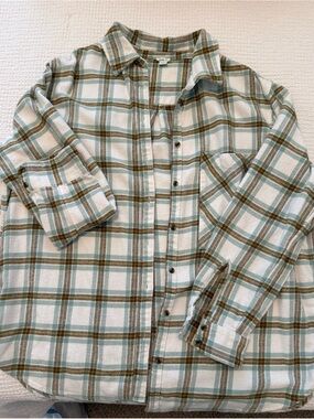 aerie Women's Plaid Button-Down Shirt in White, Green, and Brown